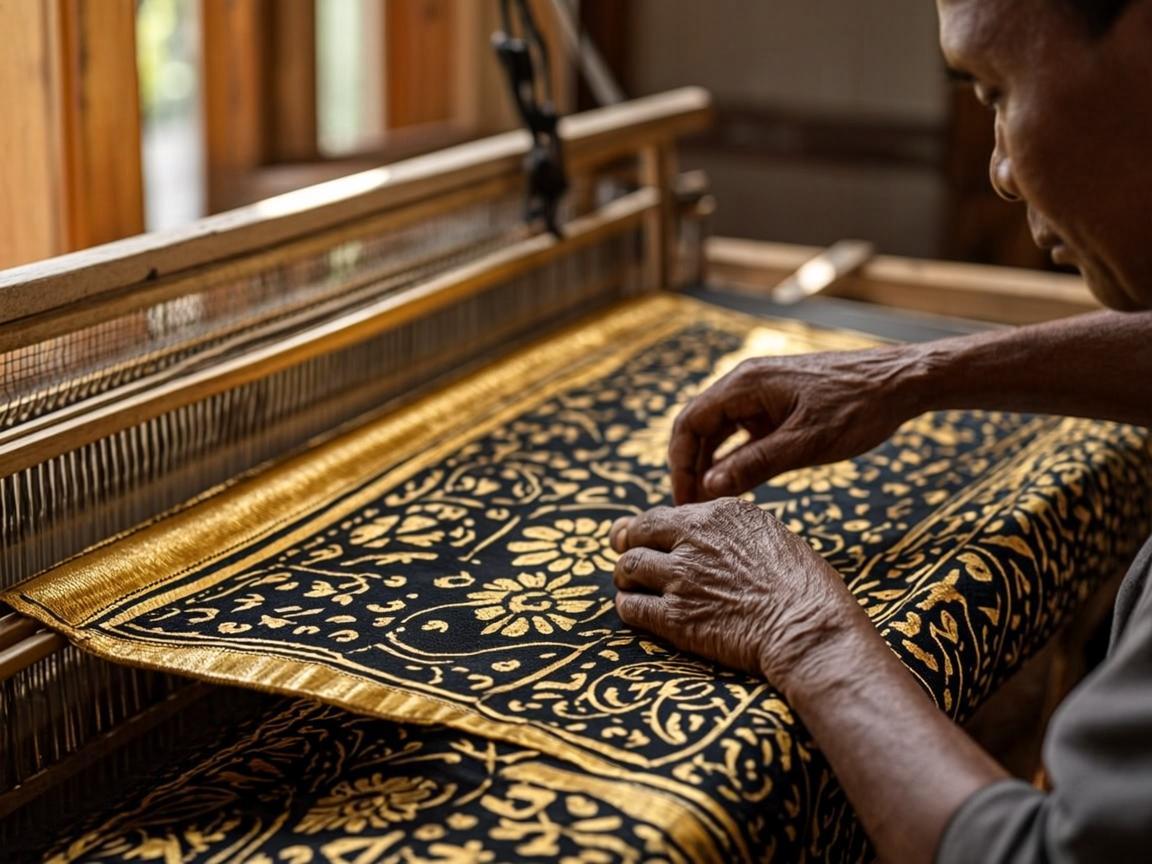 Artisan tissant le Bazin Or sur métier jacquard